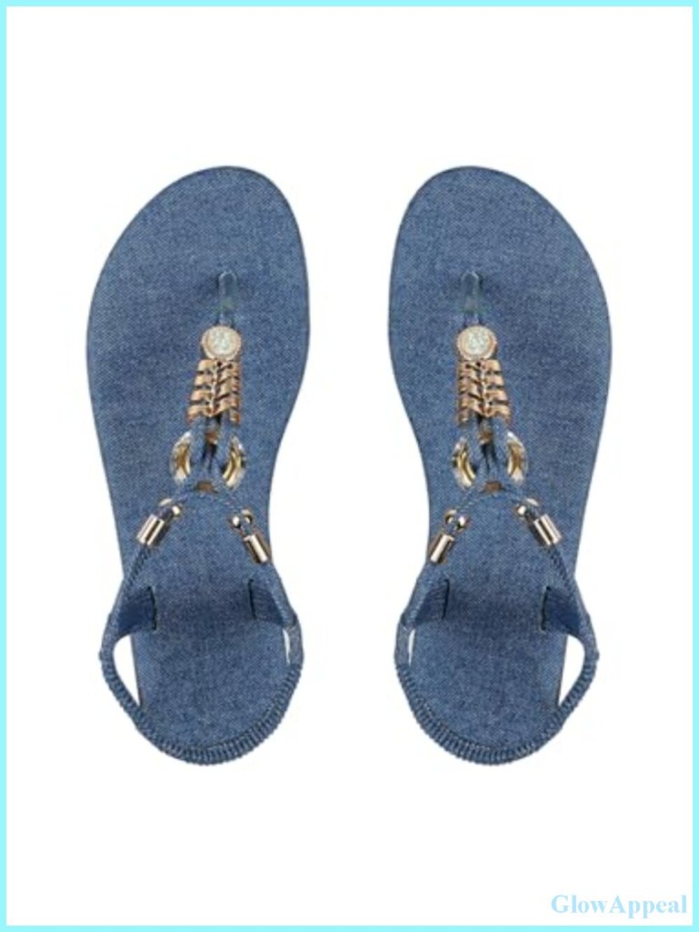 Rhinestone Denim Ankle Strap T-Strap Sandals Cushioned Slip On Beach
